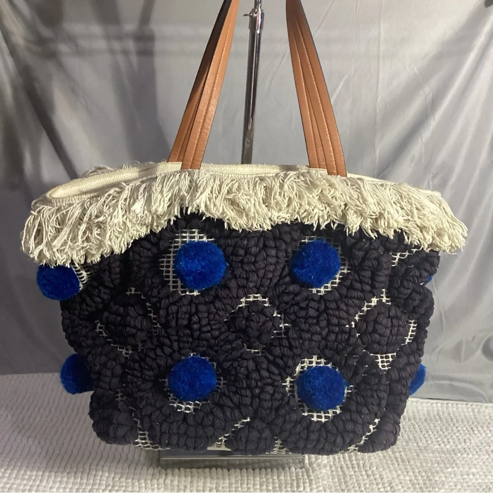 Tory Burch Black & Blue Pom Pom Canvas Tote Bag with Fringe & Leather Handles